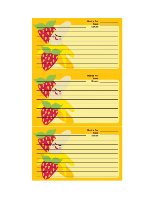 Banana Strawberries Yellow Recipe Card Template Printable pdf