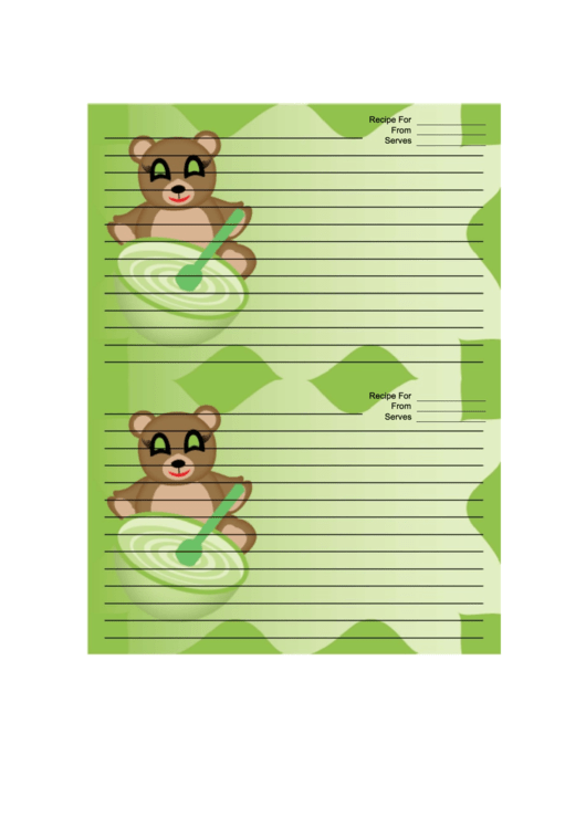 Teddy Bears Green Recipe Card Printable pdf