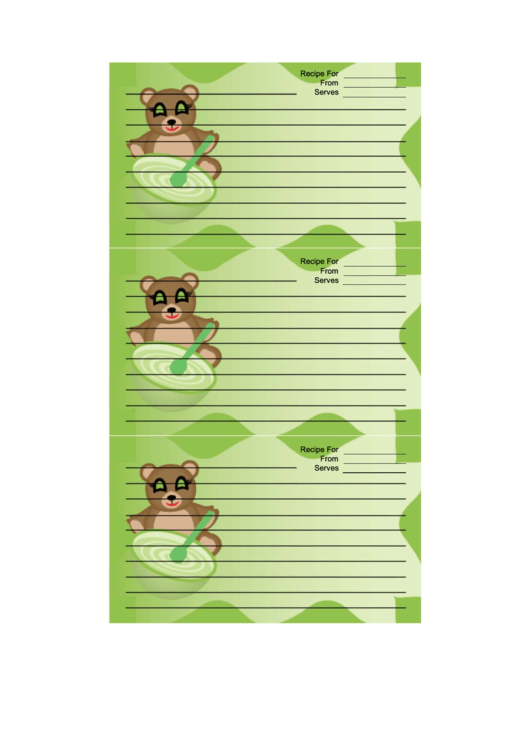 Teddy Bears Green Recipe Card Template Printable pdf