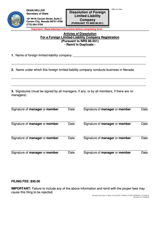 Dissolution Of Foreign Limited-Liability Company - Nevada Secretary Of State Printable pdf