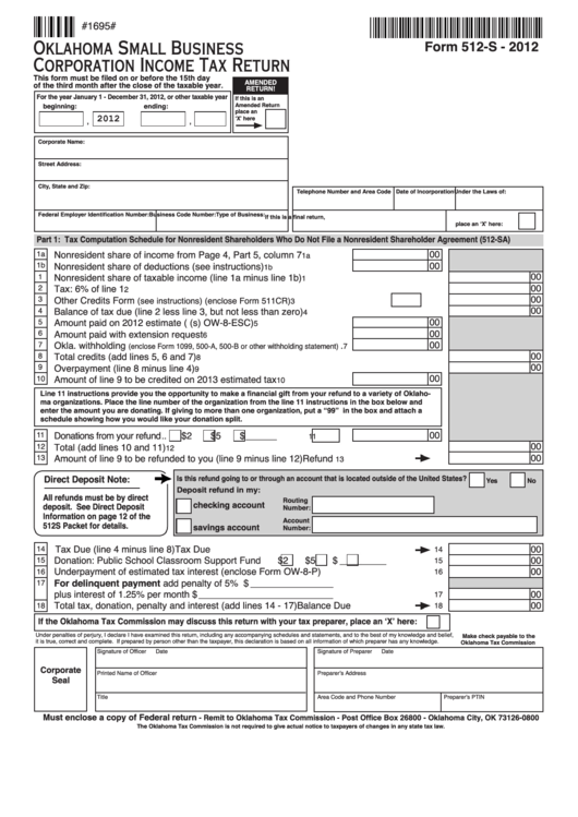 Fillable Form 512-S - Oklahoma Small Business Corporation Income Tax Return - 2012 Printable pdf