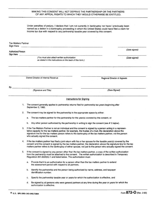 Form 872-O Instructions Printable pdf