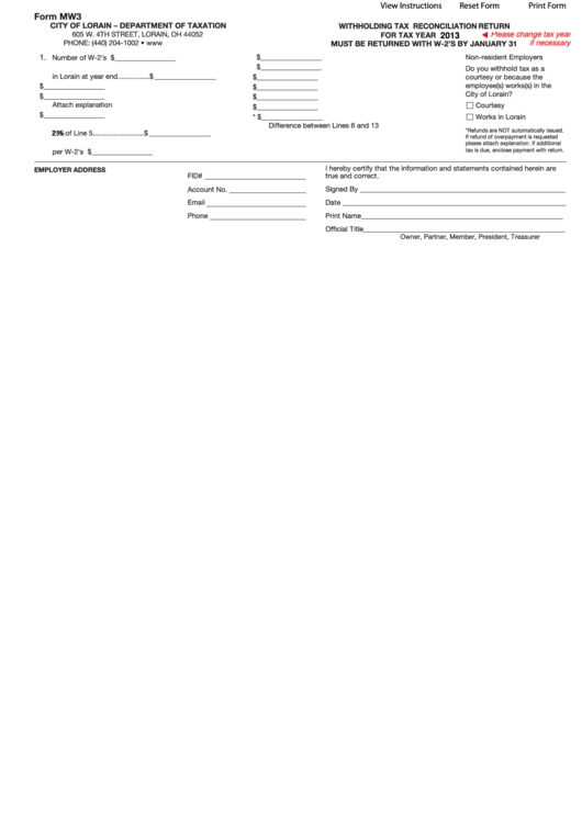 Fillable Form Mw3 - Withholding Tax Reconciliation Return - 2013 Printable pdf
