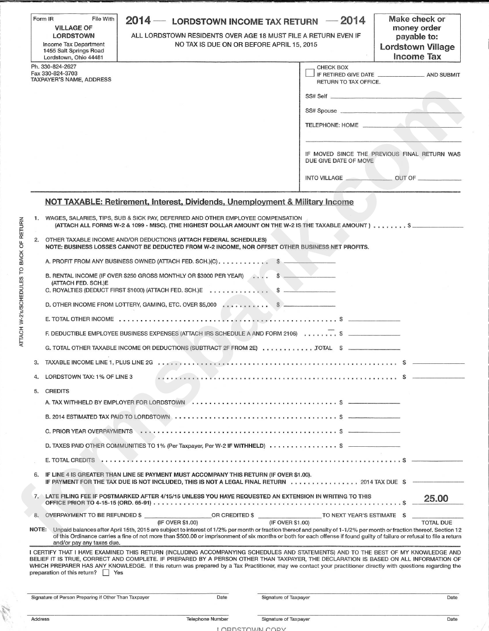 Form Ir - Income Tax Return - Village Of Lordstown, 2014