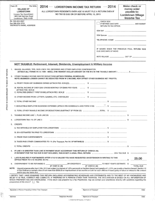 Form Ir - Income Tax Return - Village Of Lordstown, 2014 Printable pdf