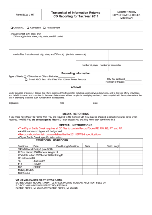 Form Bcw-2-Mt - Transmittal Of Information Returns Cd Reporting For Tax Year 2011 Printable pdf