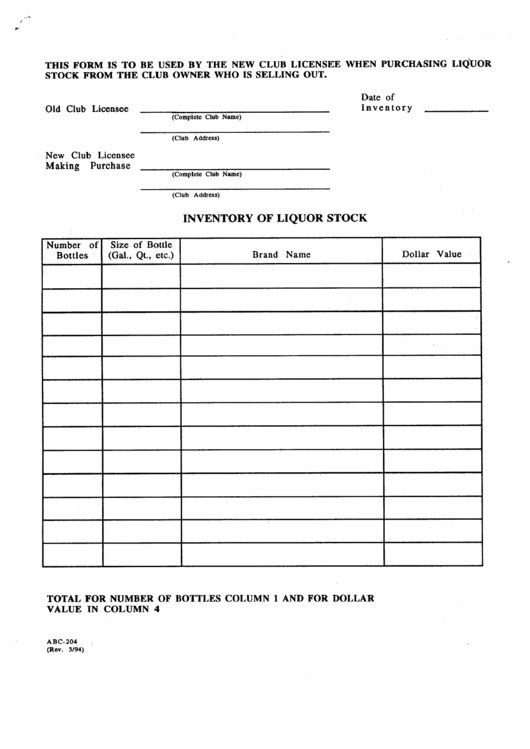 Form Abc-204 - Invenory Of Liquor Stock Printable pdf