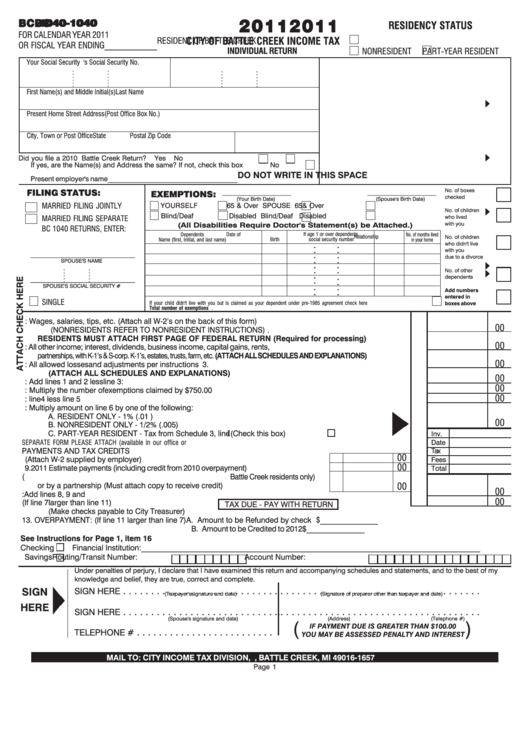 Form Bc-1040 - Income Tax Individual Return - 2011 printable pdf download