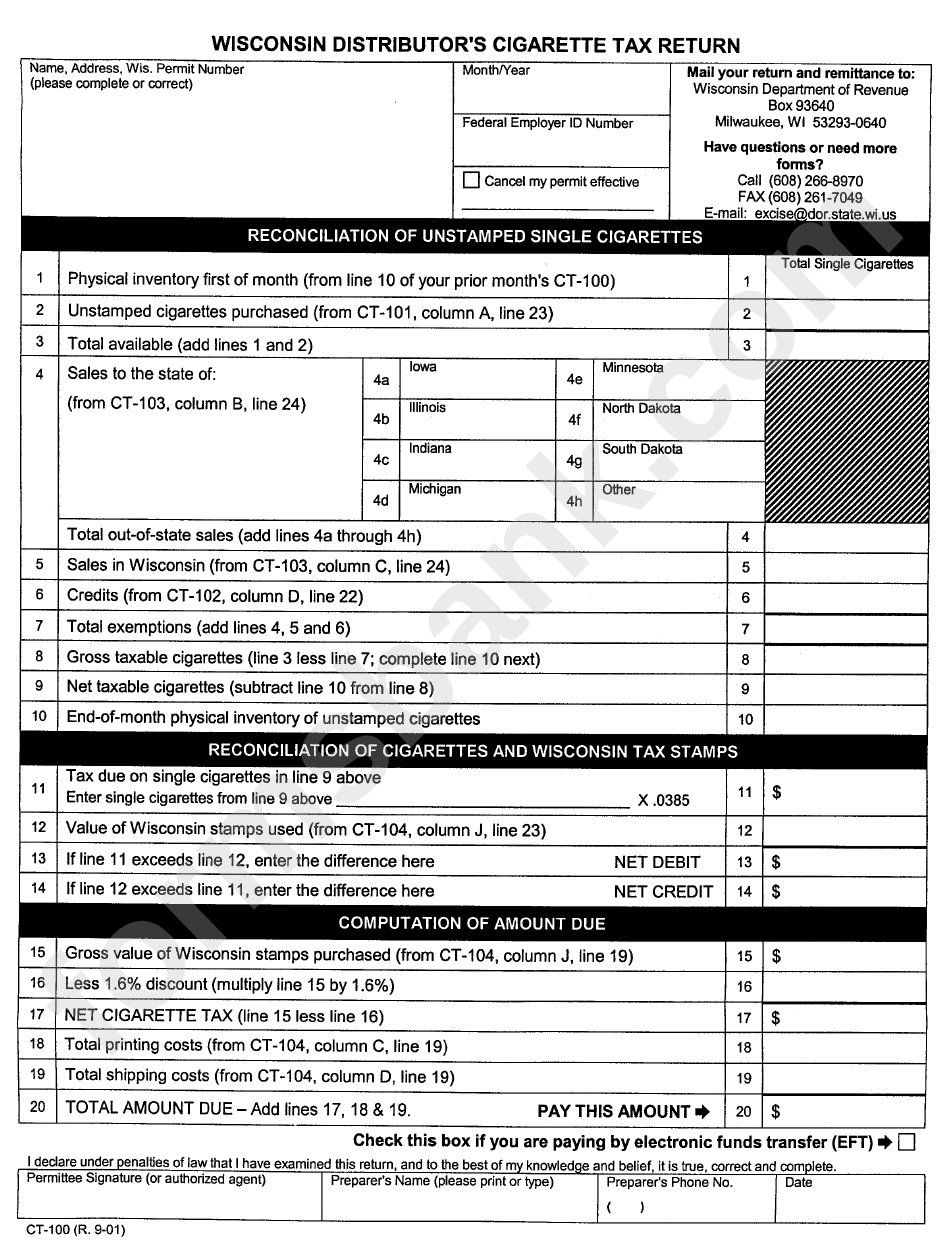 Form Ct-100 - Wisconsin Distributor