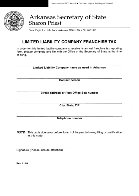 Limited Liability Company Franchise Tax - Arkansas Secretary Of State Printable pdf