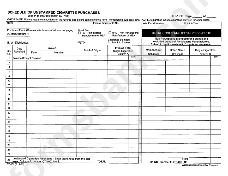 Form Ct-101 - Schedule Of Unstamped Cigarette Purchases