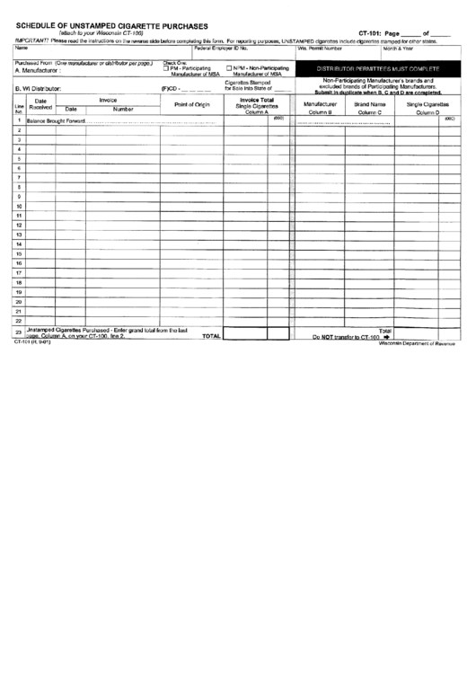 Form Ct-101 - Schedule Of Unstamped Cigarette Purchases Printable pdf