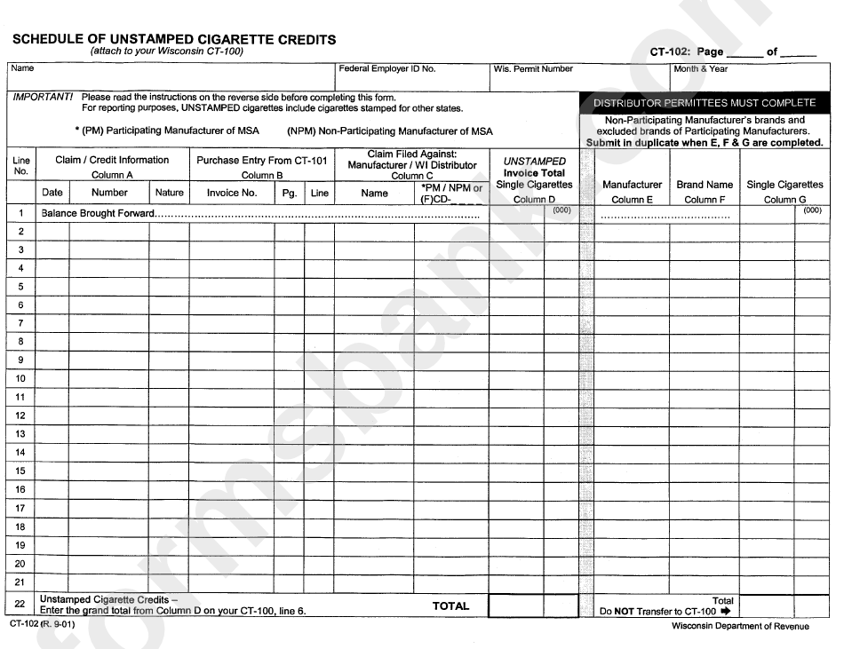 Form Ct-102 - Schedule Of Unstamped Cigarette Credits