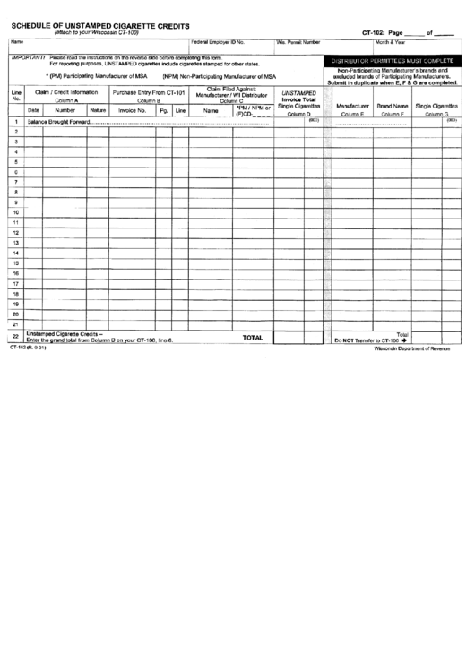 Form Ct-102 - Schedule Of Unstamped Cigarette Credits Printable pdf