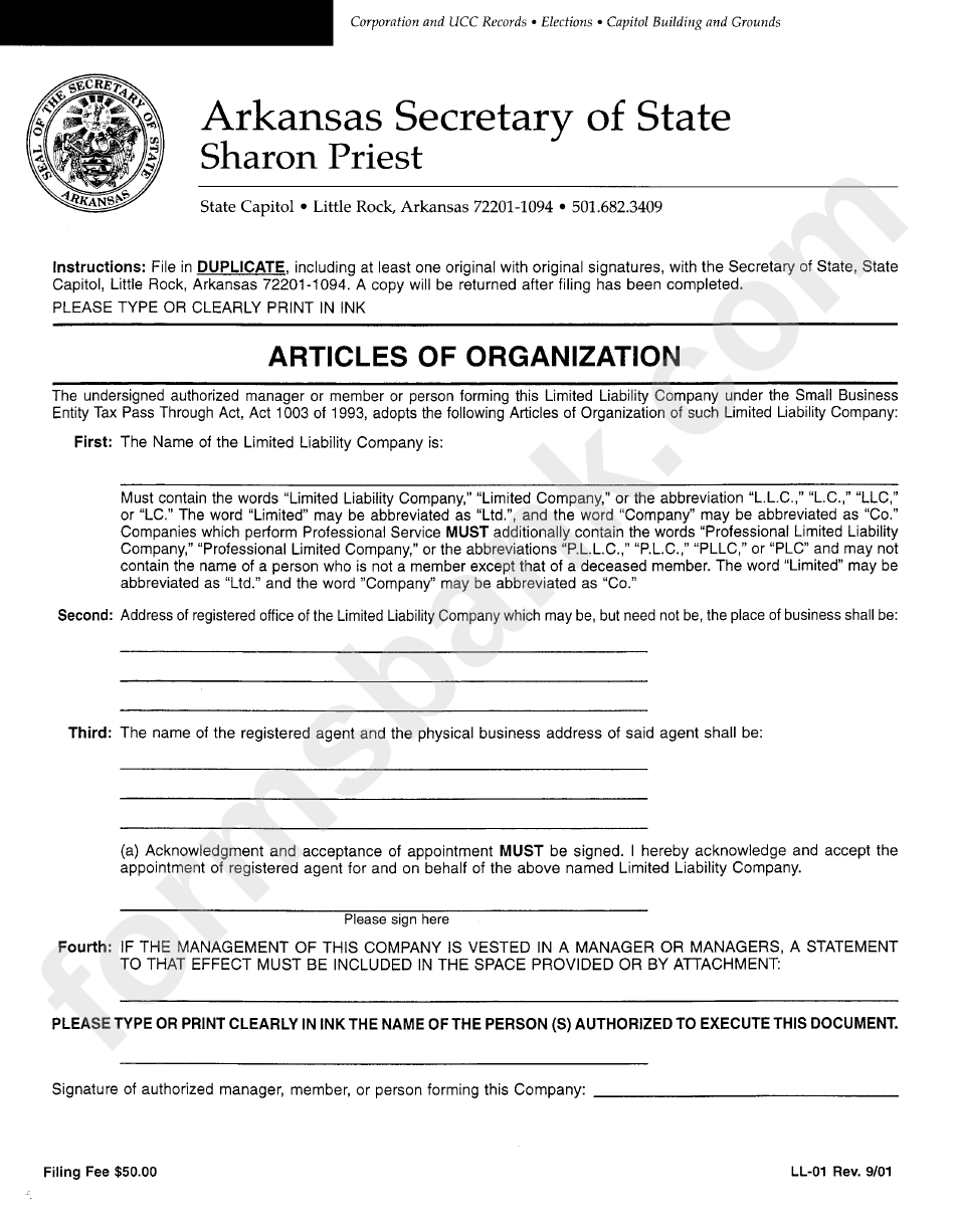 Form Ll-01 - Articles Of Organization - Arkansas Secretary Of State
