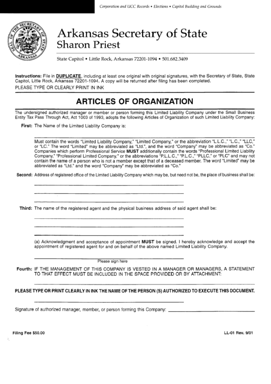 Form Ll-01 - Articles Of Organization - Arkansas Secretary Of State Printable pdf