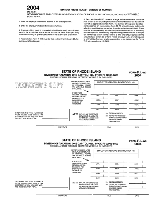 Reconciliation Of Personal Income Tax Withheld By Employers - State Of Rhode Island 2004 Printable pdf