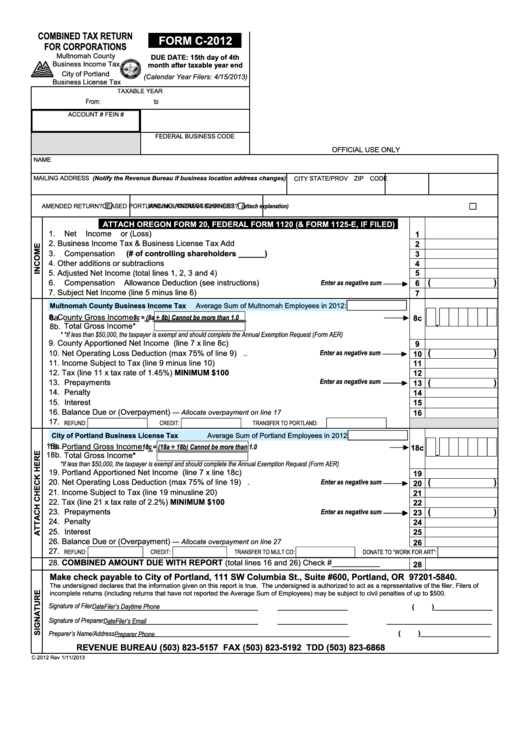 Form C-2012 - Combined Tax Return For Corporations - 2012 printable pdf ...