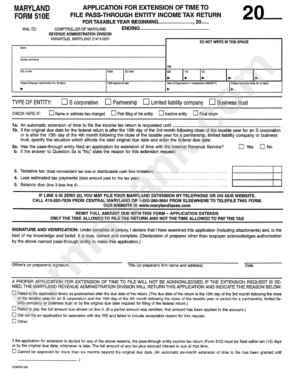 Maryland Form 510e - Application For Extension Of Time To File Pass-Through Entity Income Income Tax Return