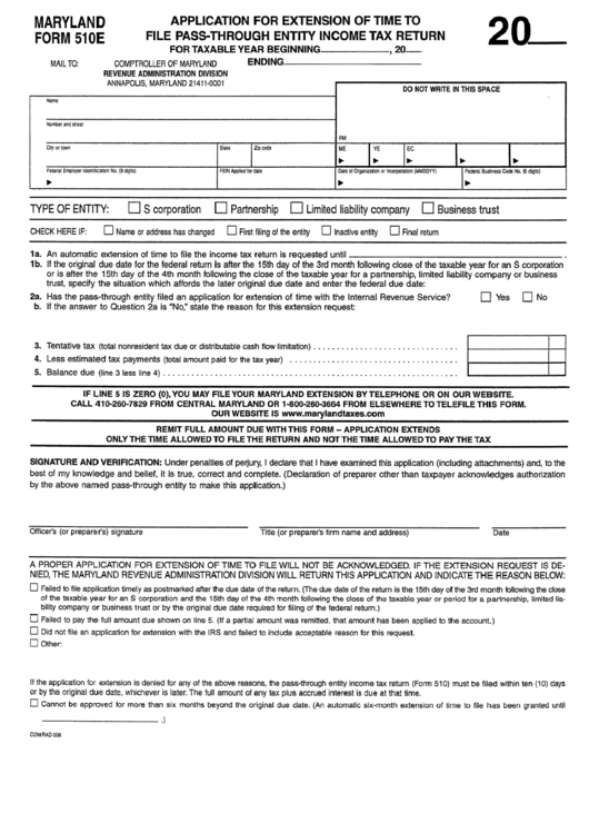 Maryland Form 510e - Application For Extension Of Time To File Pass-Through Entity Income Income Tax Return Printable pdf