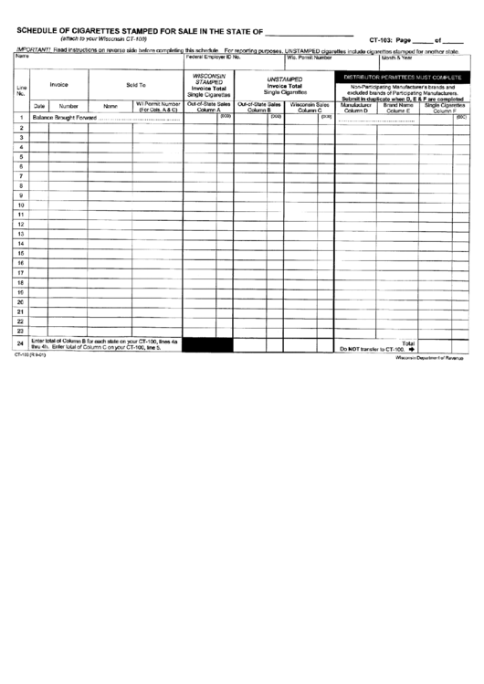 Form Ct-103 - Schedule Of Cigarettes Stamped For Sale Printable pdf