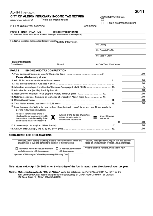 Form Al-1041 - City Of Albion Fiduciary Income Tax Return - 2011 Printable pdf