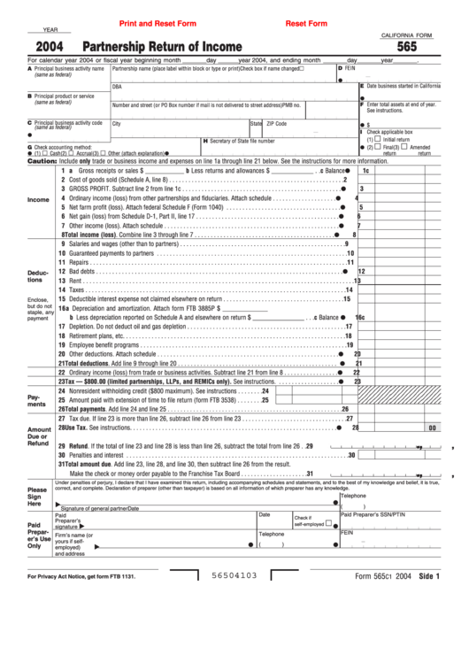 Fillable California Form 565 - Partnership Return Of Income - 2004 Printable pdf