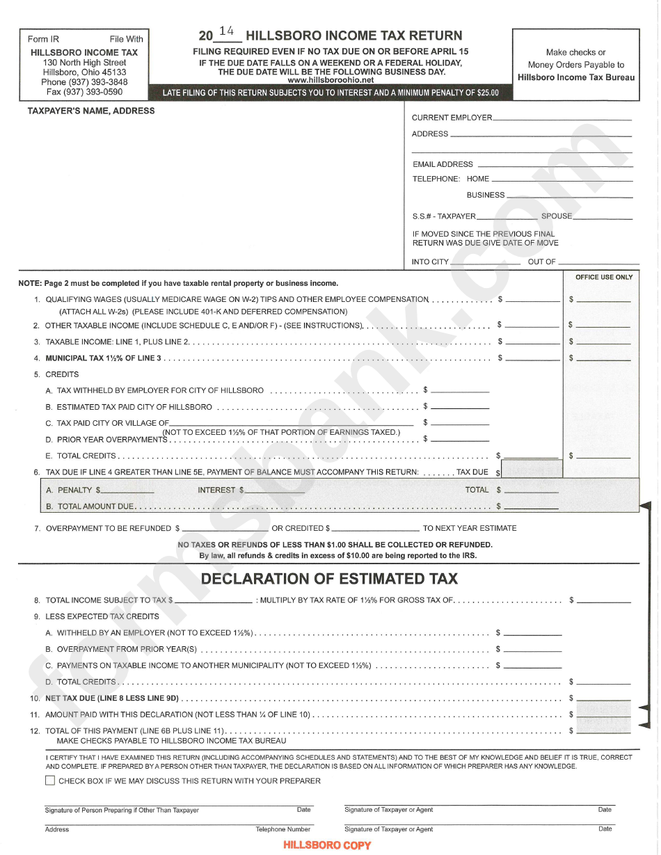 Form Ir Income Tax Return - City Of Hillsboro, 2014