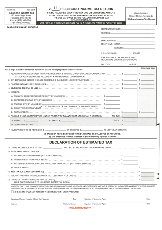 Form Ir Income Tax Return - City Of Hillsboro, 2014 Printable pdf