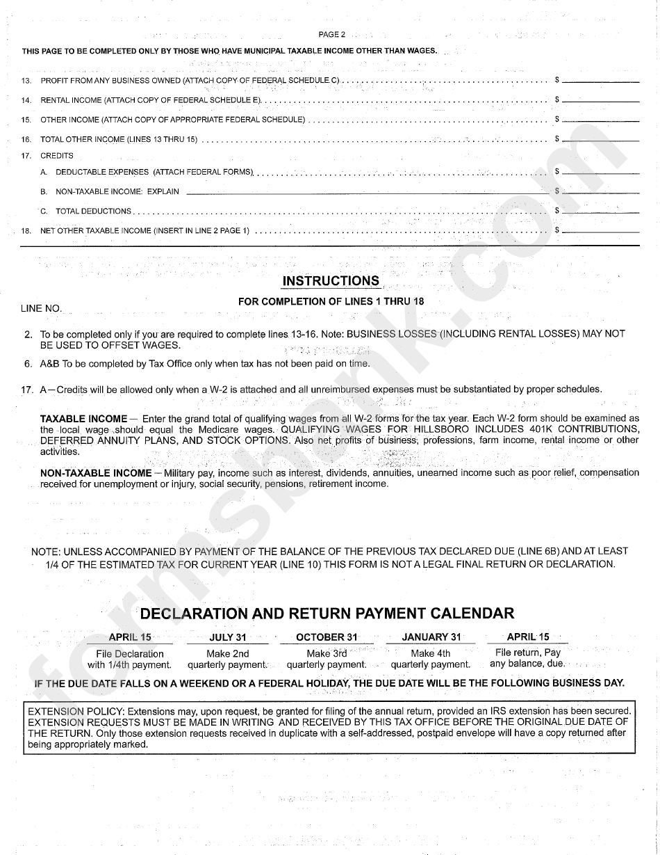 Form Ir Income Tax Return - City Of Hillsboro, 2014