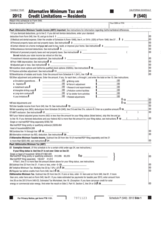 Fillable California Schedule P(540) - Attach To Form 540 - Alternative Minimum Tax And Credit Limitations - Residents - 2012 Printable pdf