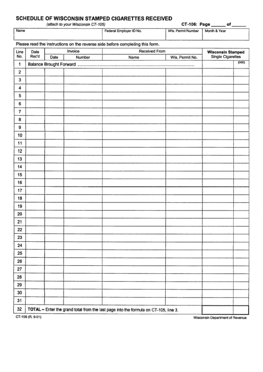 Form Ct-106 - Schedule Of Wisconsin Stamped Cigarettes Received Printable pdf