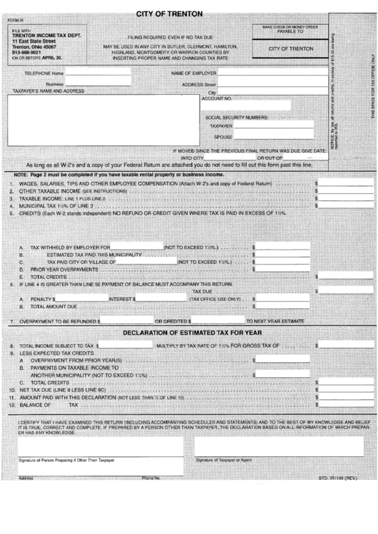 Form Ir - Declaration Estimated Tax - City Of Trenton Printable pdf