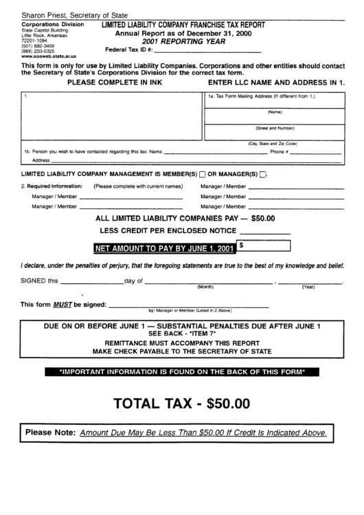 Limited Liability Company Franchise Tax Report - Arkansas Corporations Division Printable pdf
