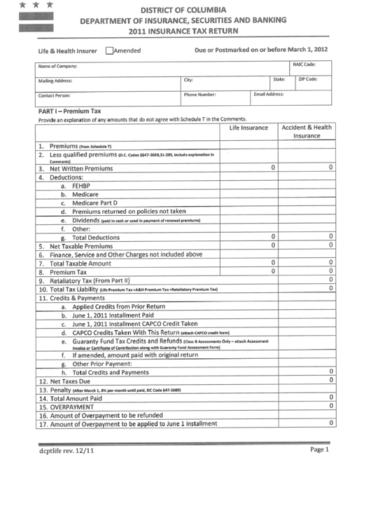 Insurance Tax Return Form - Life And Health Insurer - Distirct Of Columbia Department Of Insurance,securities And Banking - 2011