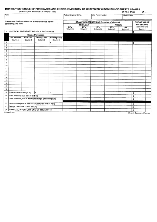 Form Ct-104 - Monthly Schedule Of Purchases And Ending Inventory Of Unaffixed Wisconsin Cigarette Stamps Printable pdf