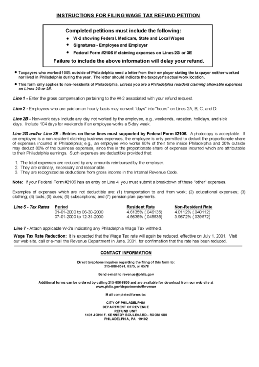 Instructions For Filing Wage Tax Refund Petition - Pennsylvania Department Of Revenue Printable pdf