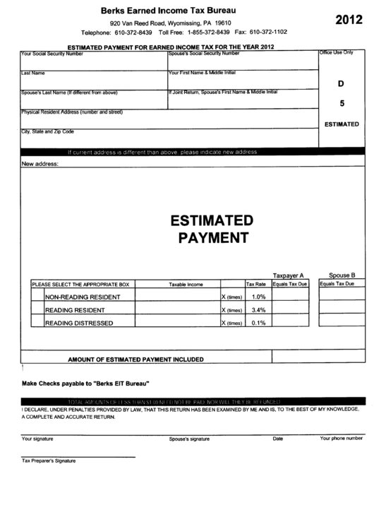 Estimated Payment For Erned Income Tax - Berks Earned Income Tax Bureau - 2012 Printable pdf