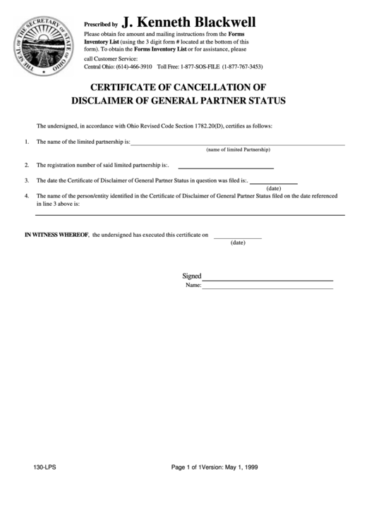 Form 130-Lps - Certificate Of Cancellation Of Disclaimer Of General Partner Status - Ohio Secretary Of State Printable pdf