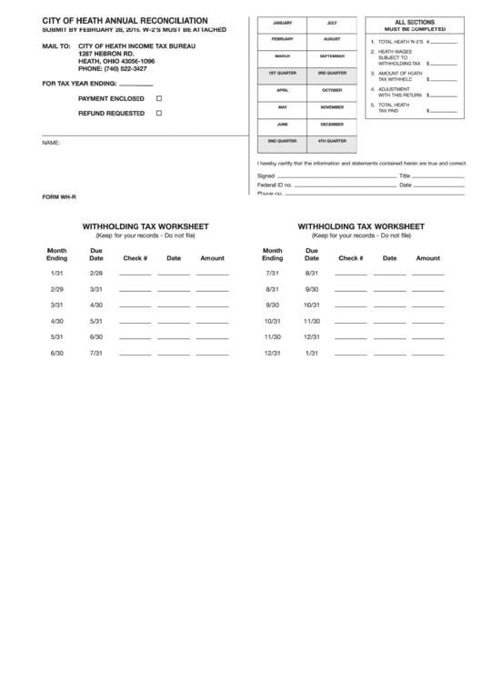 Fillable Annual Reconciliation Form - City Of Heath Printable pdf