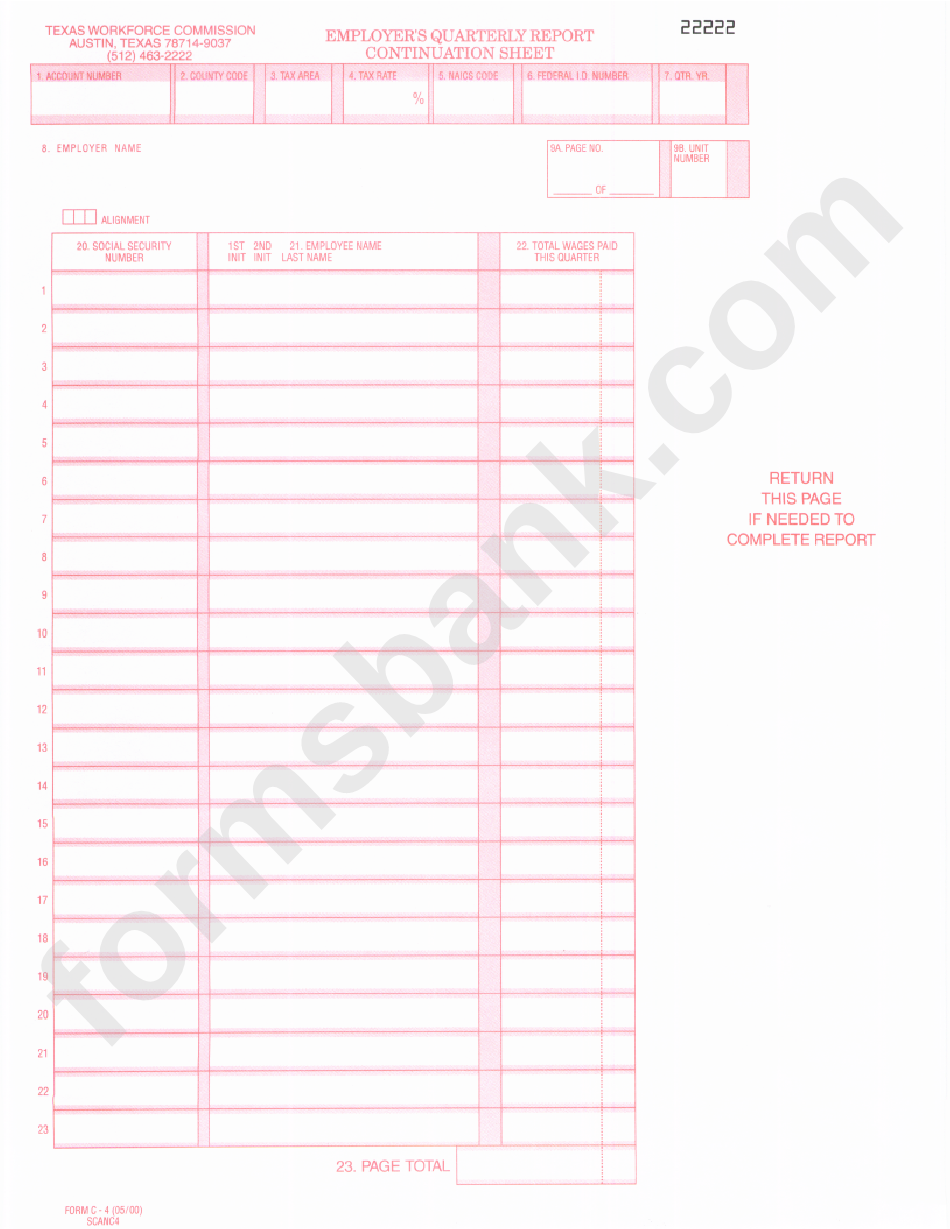 Form C 4 Employer S Quarterly Report Continuation Sheet Texas 