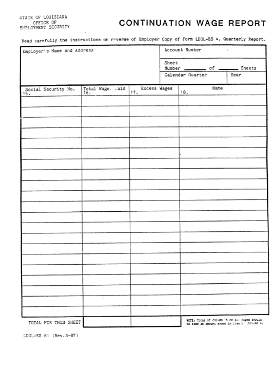 Form Ldol-Es 61 - Continuation Wage Report - Louisiana Office Of Employment Security Printable pdf