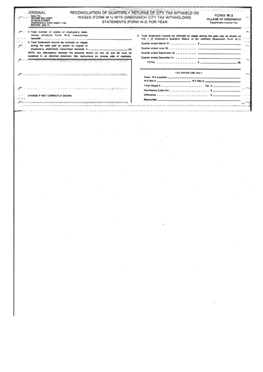 Form W-3 - Reconciliation Of Quarterly Returns Of City Tax Withheld On Wages With Tax Withholding Statements - City Of Greenwich Printable pdf