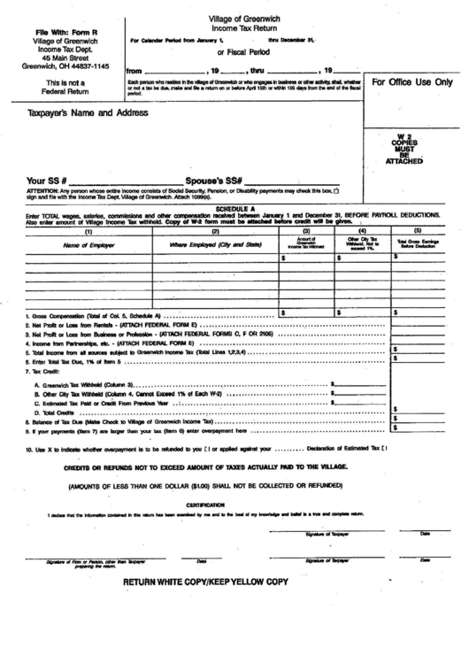 Form R - Income Tax Return - Village Of Greenwich Printable pdf