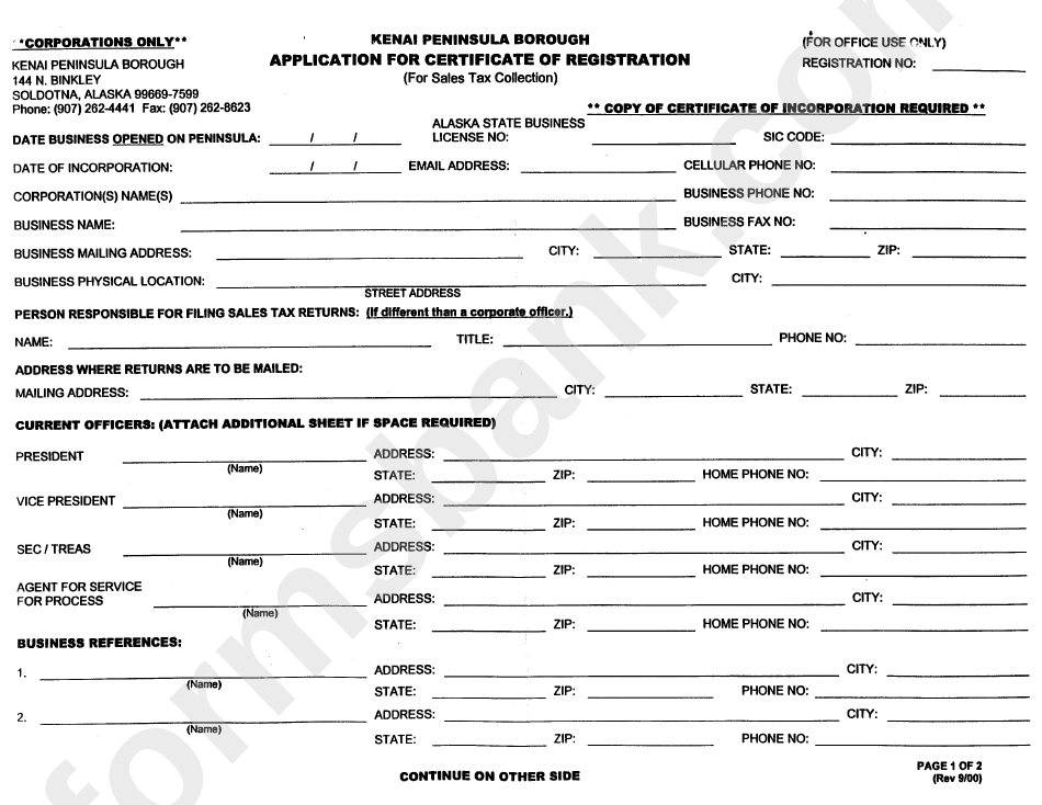 Application For Certificate Of Registration - Kenai Peninsula Borough