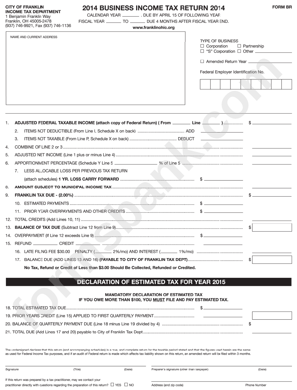 Form Br - Business Income Tax Return - City Of Franklin, 2014