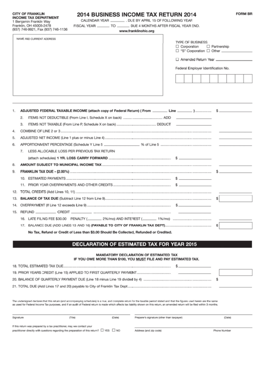 Form Br - Business Income Tax Return - City Of Franklin, 2014 Printable pdf