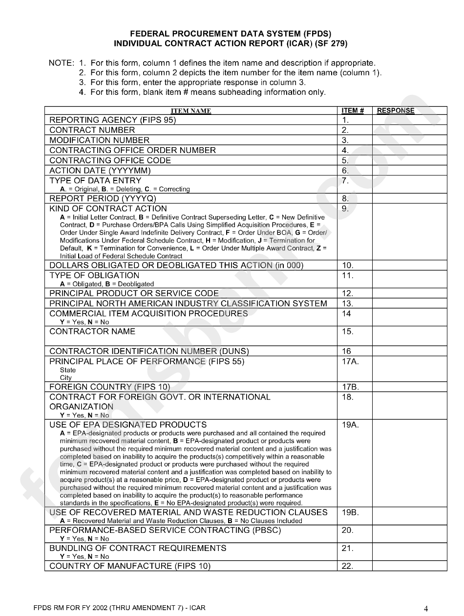 Form Sf 279 - Individual Contract Action Report (Icar) - Federal Procurement Data System (Fpds)