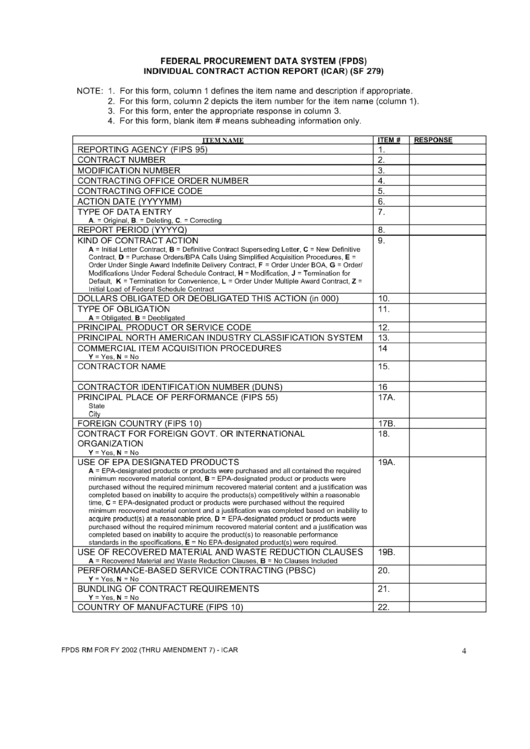 Fillable Form Sf 279 - Individual Contract Action Report (Icar) - Federal Procurement Data System (Fpds) Printable pdf