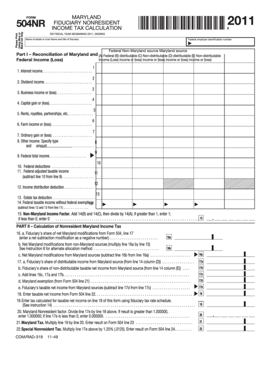 Fillable Form 504nr - Maryland Fiduciary Nonresident Income Tax Calculation - 2011 Printable pdf